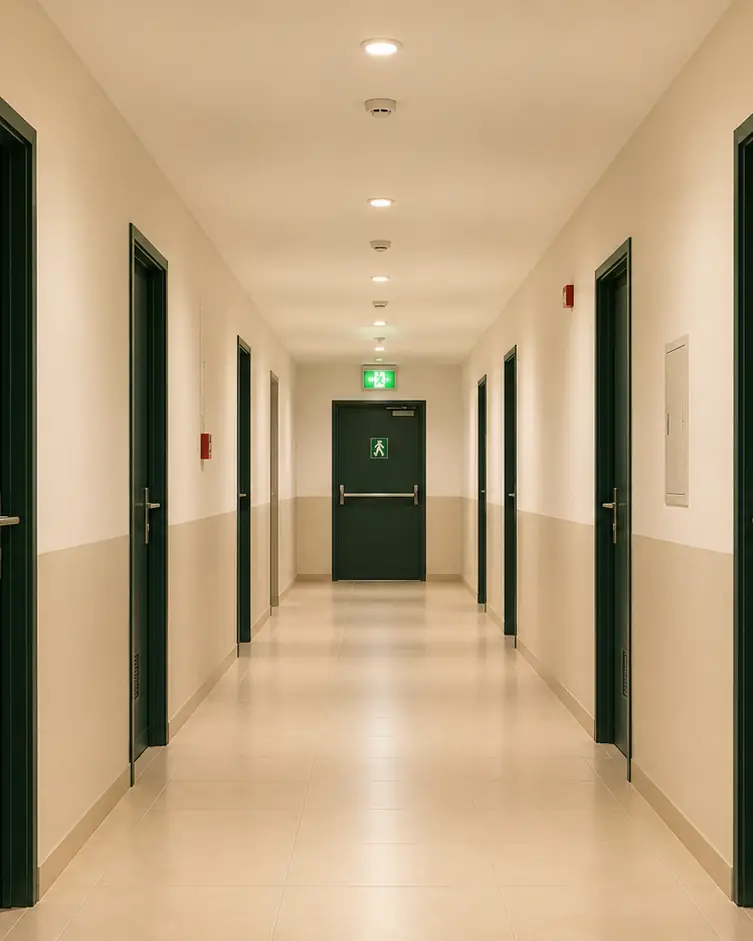 Illustrative image: a residential corridor with green doors, and at its end an exit door with a sign above it