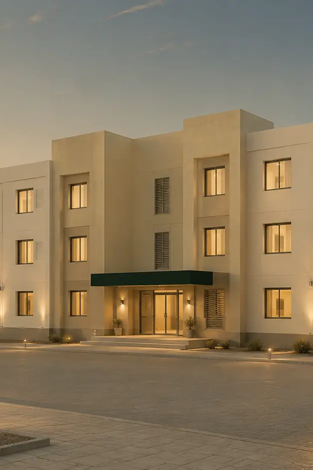 Illustrative image: a residential building of three floors at dusk, its entrance under a green canopy