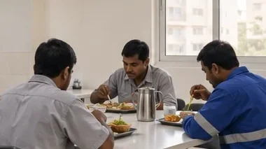 Three workers sharing a meal at a table in a dining hall